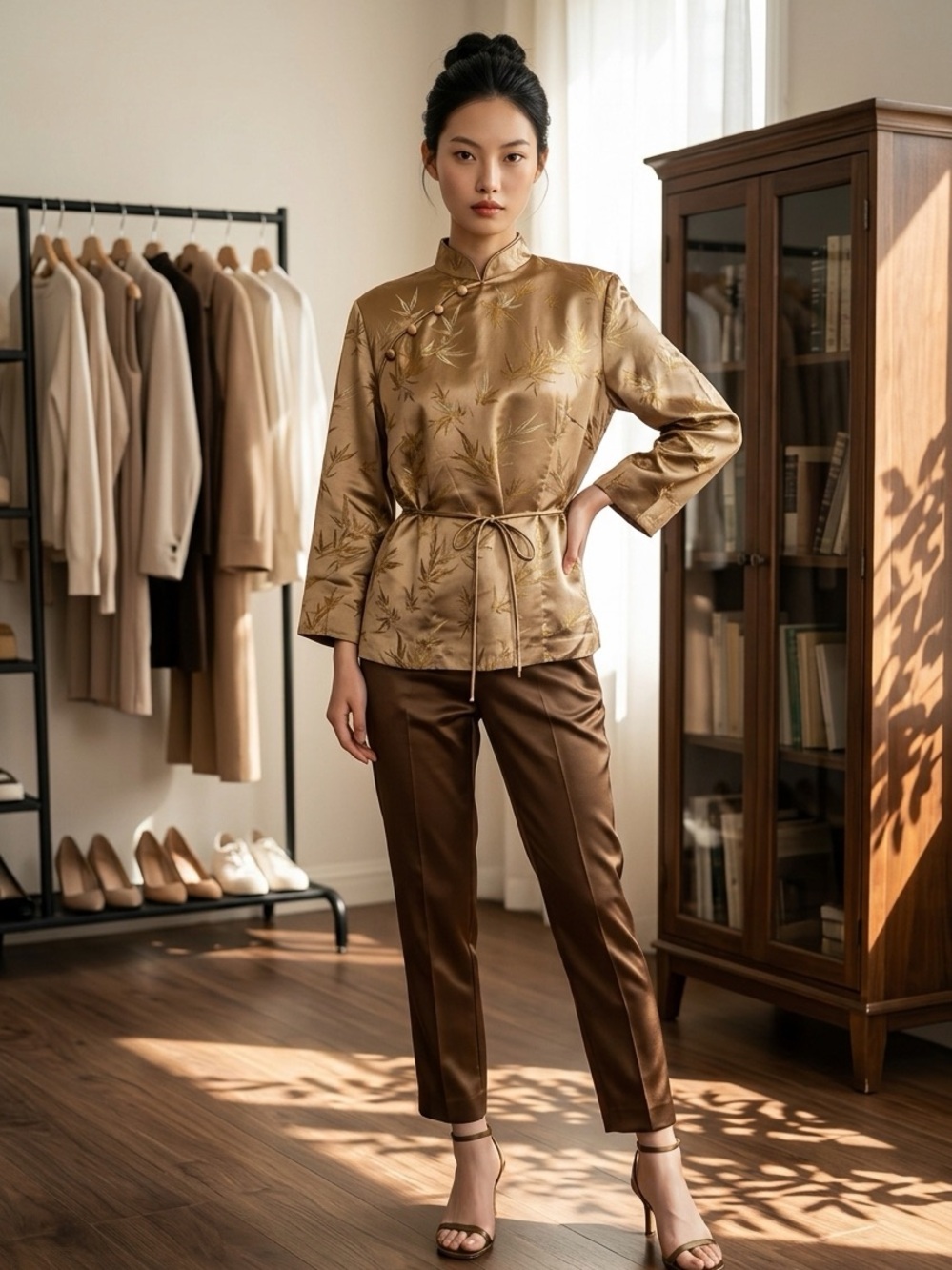 Jessica Howard Vintage 90s Robe Kimono Satin Top Jacket Faux Wrap Gold Sz Large - Picture 5 of 13